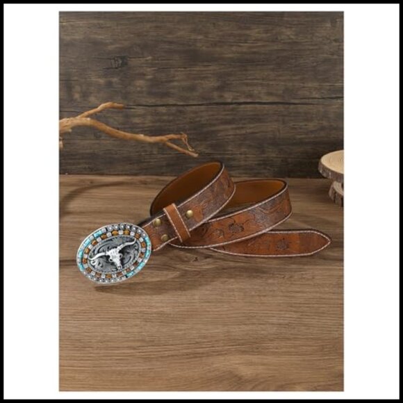 Retro Western Belt Faux Leather Floral Waist Cinch Metal Buckle Vintage